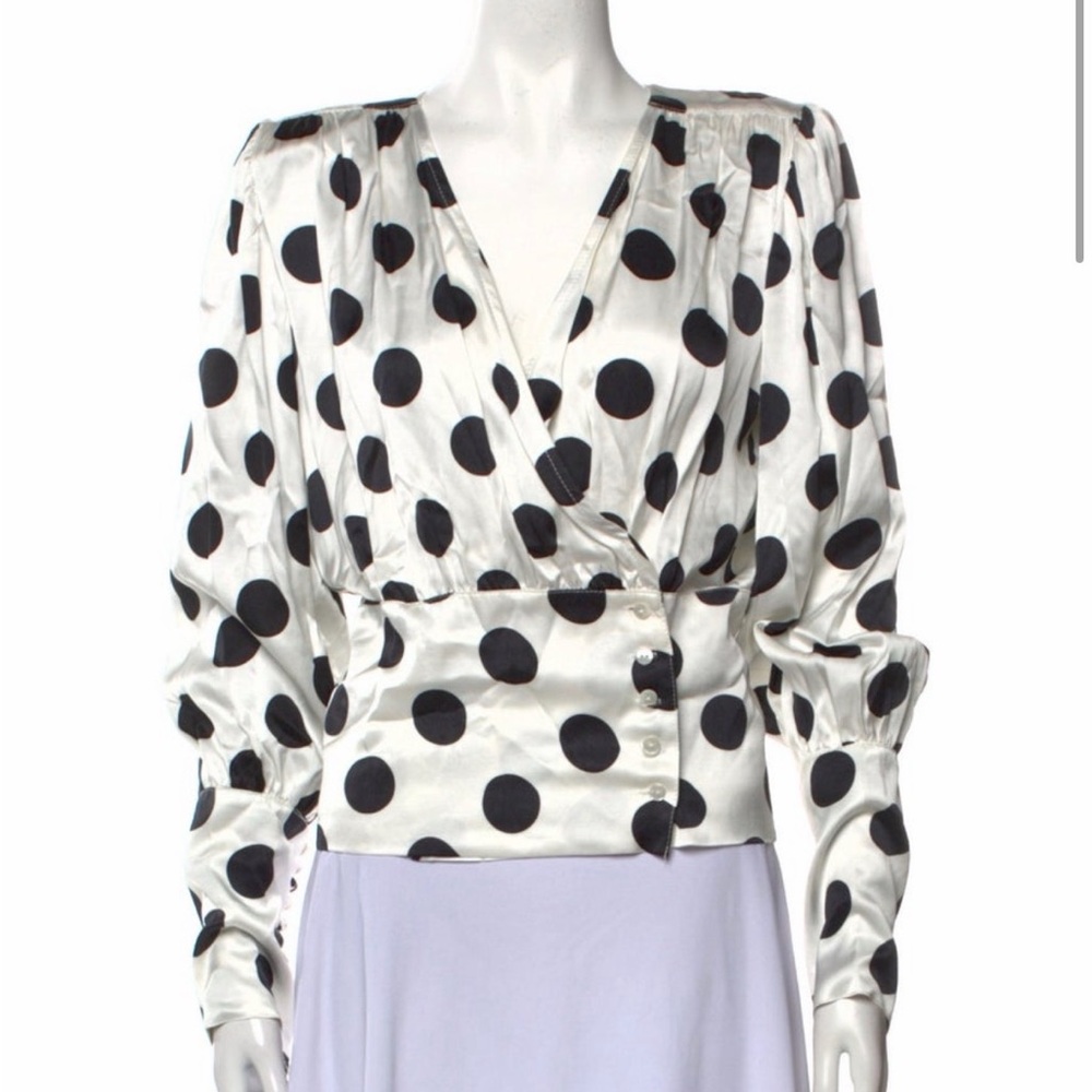 Polka Dot Satin Wrap Blouse - Black & White